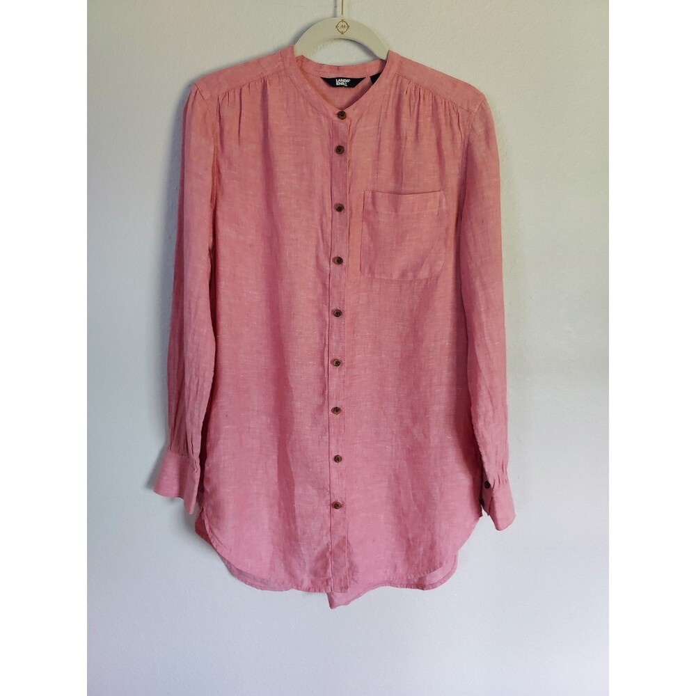 Land's End Women's Small Collarless Linen Long Sleeve Shirt Pink Button Up